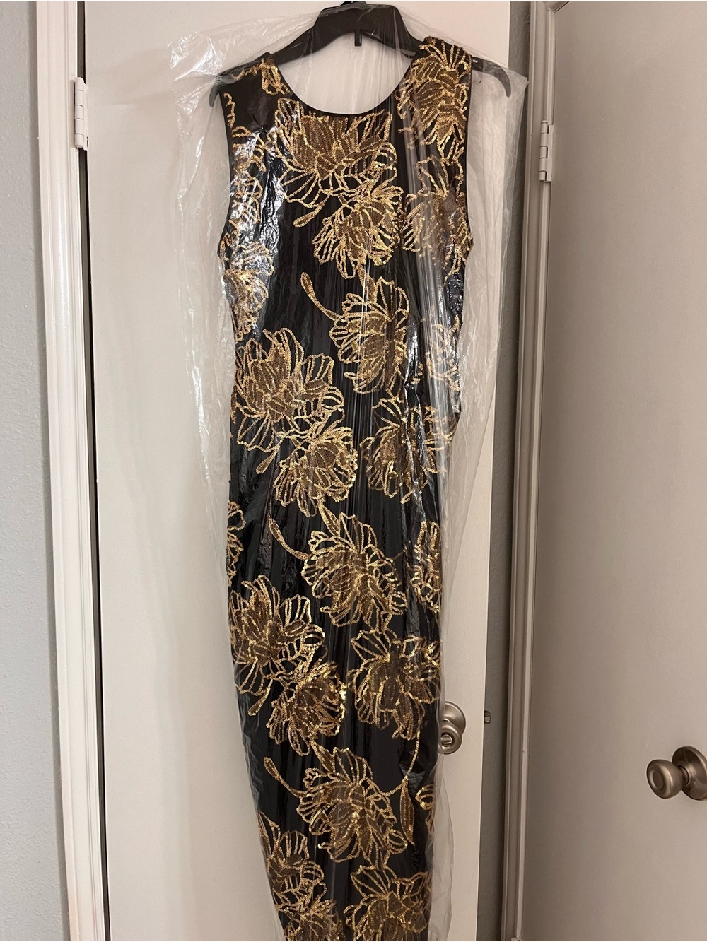 Donna Karan Black Maxi Dress with Gold Floral Embroidery